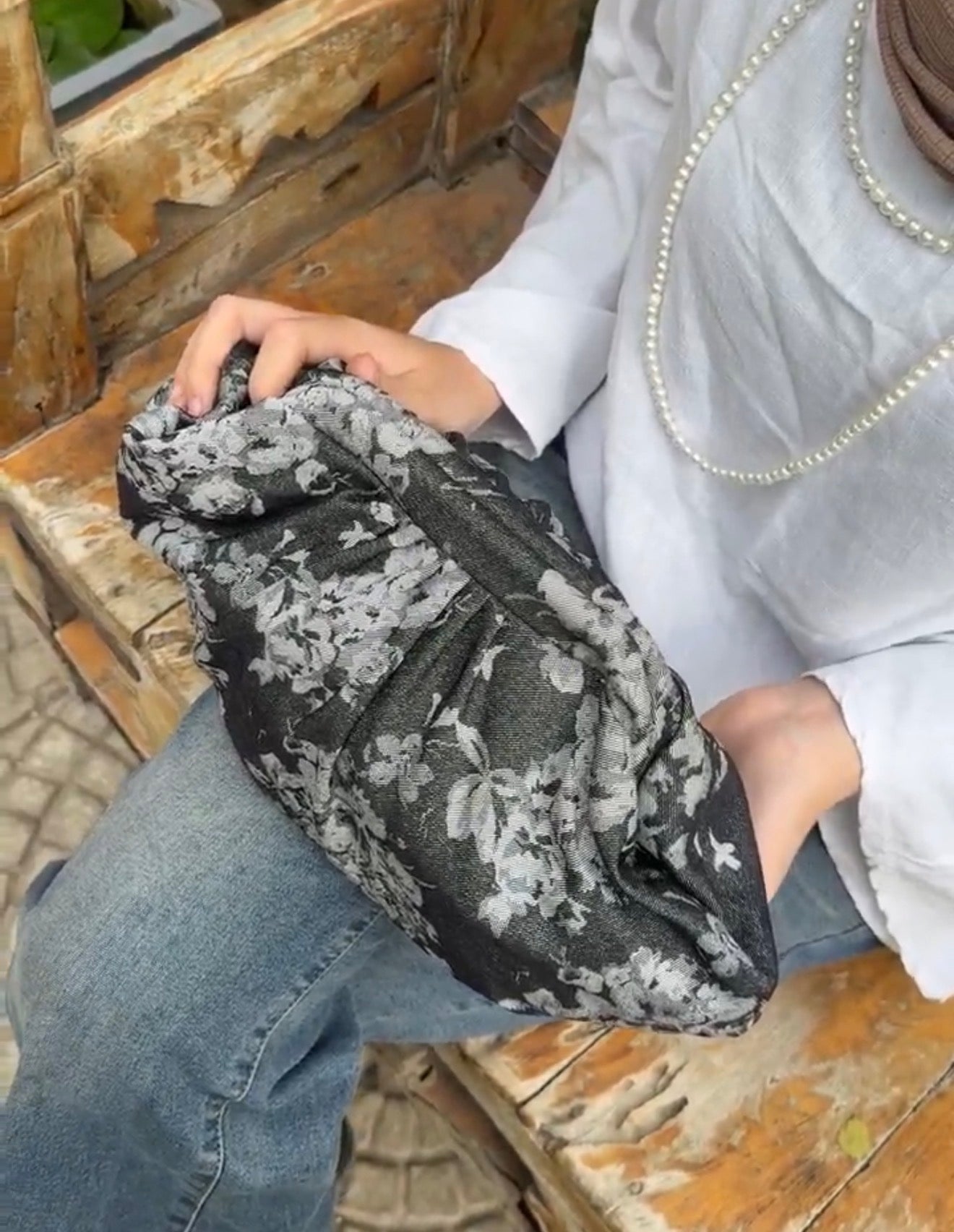 Black Denim Flowery Clutch